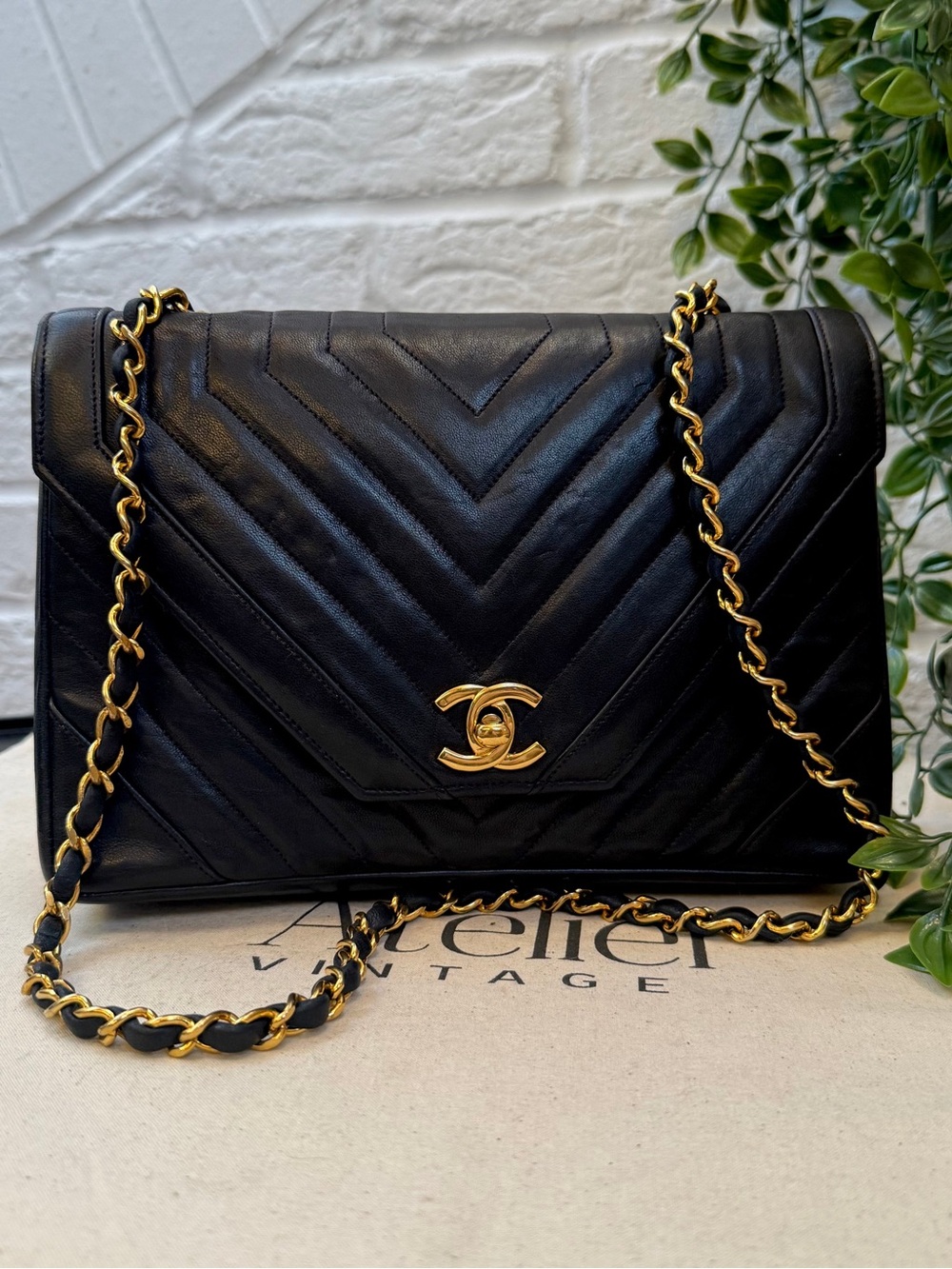 CHANEL Rare Early‑80s Chevron Lambskin Turnlock Envelope Bag 24K Gold‑Plated